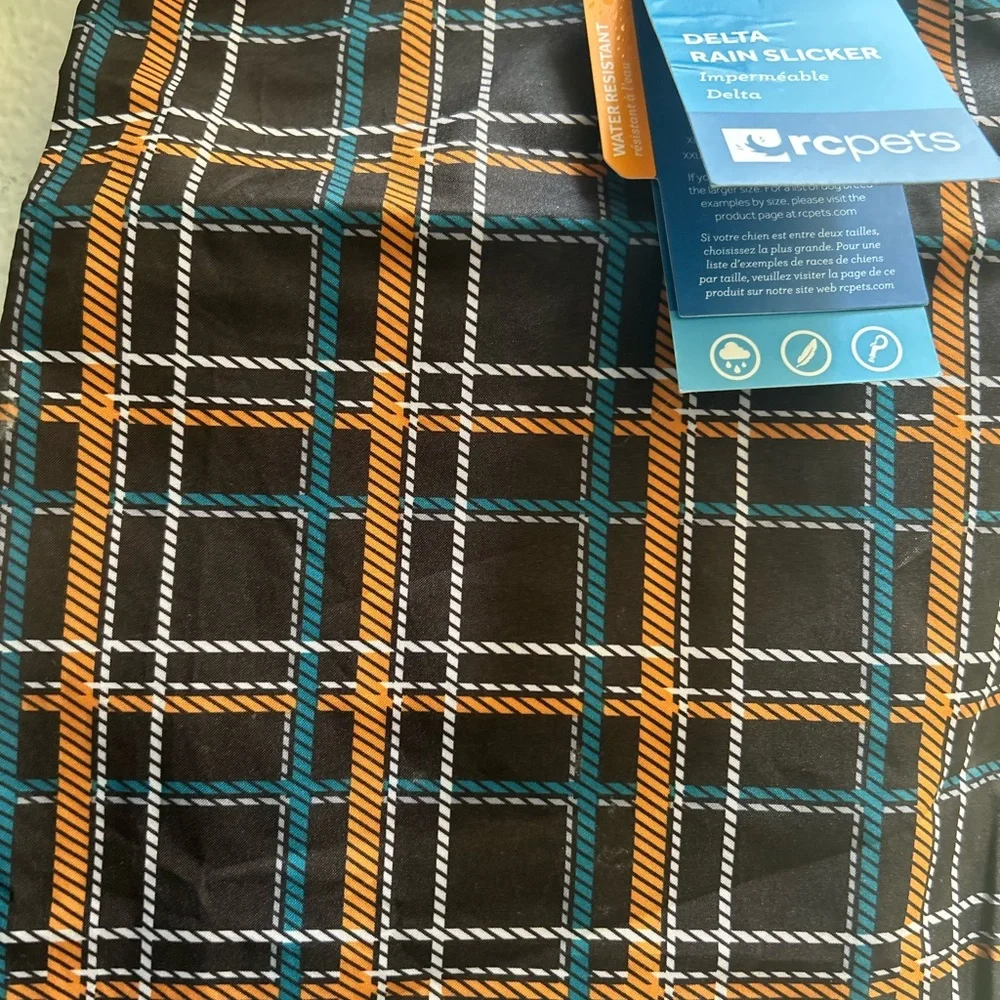 Delta Plaid Rain Slicker with Black, Orange, and Blue dog Rain coat Small NWT